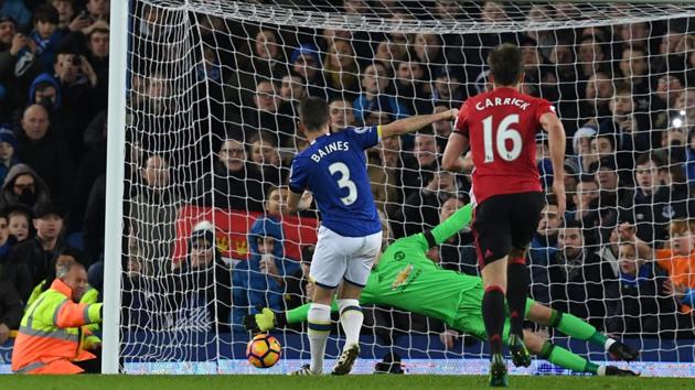 Everton's English defender Leighton Baines (left) scores past Manchester United goalkeeper David de Gea during the English Premier League match at Goodison Park in Liverpool on Sunday (AFP) Everton's English defender Leighton Baines (left) scores past Manchester United goalkeeper David de Gea during the English Premier League match at Goodison Park in Liverpool on Sunday (AFP)