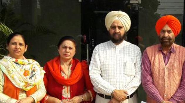 AAP leaders Rajbir Kaur, Jasvir Kaur Gill, Atam Parkash Bablu and Major Singh after a meeting in Jalandhar on Monday.(HT Photo)