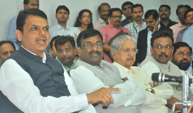 (From Left) Chief minister Devendra Fadnavis, finance minister Sudhir Mungantiwar, industries minister Subhash Desai and education minister Vinod Tawde in Nagpur on Sunday. (SUNNY SHENDE) (From Left) Chief minister Devendra Fadnavis, finance minister Sudhir Mungantiwar, industries minister Subhash Desai and education minister Vinod Tawde in Nagpur on Sunday. (SUNNY SHENDE)