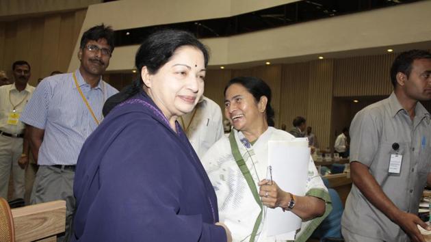 Jayalalithaa and West Bengal CM Mamata Banerjee at the Meeting of Chief Ministers on National Counter Terrorism Centre (NCTC) in New Delhi on May 5, 2012. 