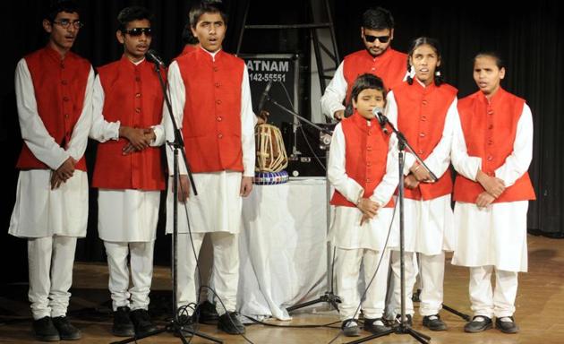 Students performing a song during the golden jubilee celebrations of Blind and Deaf School at Safdipur village near Patiala on Tuesday, December 6. (Bharat Bhushan/HT)