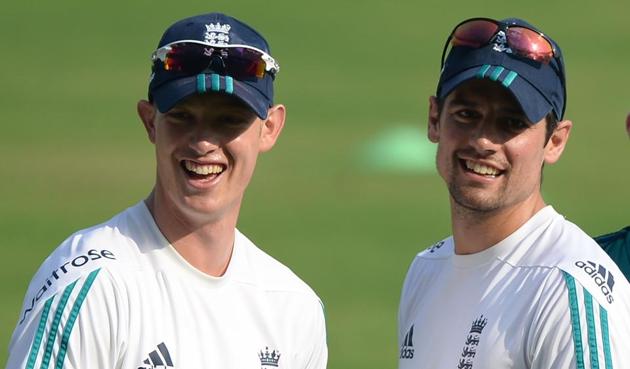 England’s Keaton Jennings (L) and captain Alastair Cook during training on Tuesday. Keaton is set to partner Cook in the fourth Test against India that starts from Thursday.(AFP)