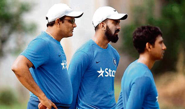 India coach Anil Kumble with KL Rahul (C) and wicketkeeper Wriddhiman Saha. Both Rahul and Saha missed the Third Test against England in Mohali.(AFP)