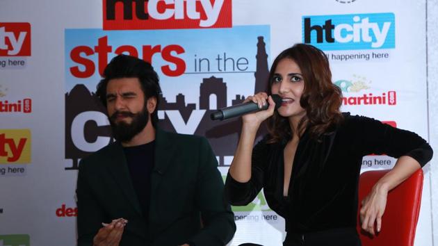 Ranveer continues with his antics as Vaani tries to answer questions from fans. (AMAL KS /HT Photo) 