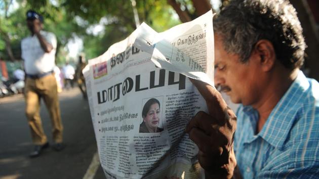 Jayalalithaa‘s image is seen on a newspaper in Chennai.(AFP File Photo)