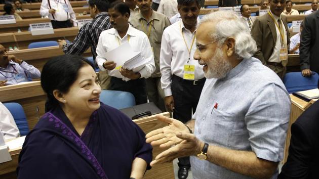 Prime Minister Narendra Modi, who was then the chief minister of Gujarat , talking to Jayaram Jayalalithaa during a meeting in New Delhi on May 5, 2012.(AP File Photo)