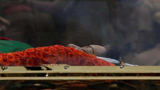 The body of late Tamil Nadu chief minister J Jayalalithaa is carried during her funeral procession in Chennai. (Reuters Photo) The body of late Tamil Nadu chief minister J Jayalalithaa is carried during her funeral procession in Chennai. (Reuters Photo)
