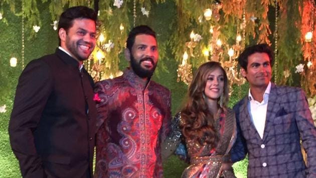 The guests pose with the bride and groom at the wedding. (HT Photo)