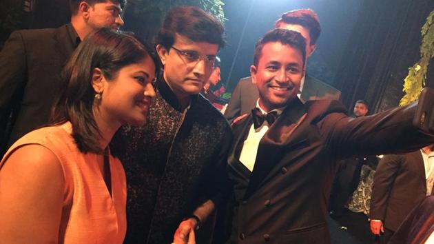 Pragyan Ojha taking a selfie with Sourav Ganguly at the wedding. (ht photo)