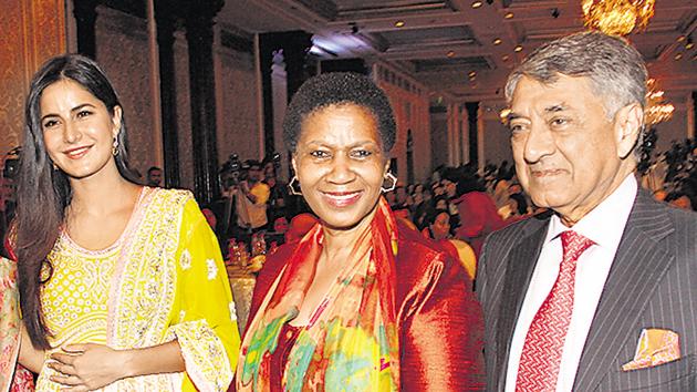 Actor Katrina Kaif, UN’s Women Executive Director Phumzile Mlambo-Ngcuka and IMC president Deepak Premnarayen at the Taj hotel in Mumbai on Tuesday.