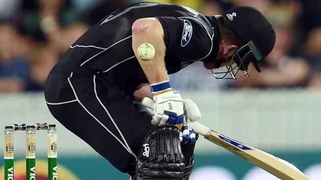 New Zealand's batsman James Neesham gets hit by a Mitchell Starc delivery during the second ODI in Canberra on Tuesday.(AFP)