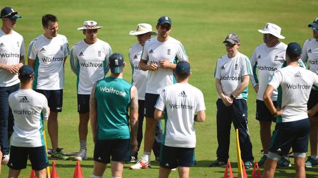 England cricket captain Alastair Cook (C) speaks with team members during training at the Wankhede stadium ahead of the fourth Test match that starts from Thursday. (AFP) England cricket captain Alastair Cook (C) speaks with team members during training at the Wankhede stadium ahead of the fourth Test match that starts from Thursday. (AFP)