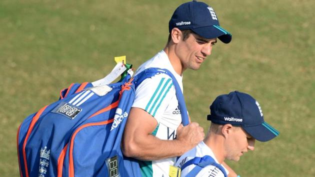 England's captain Alastair Cook (left) and teammate Joe Root arrive for a training session in Mumbai. The fourth India vs England Test will be played at the Wankhede Stadium from Thursday.(AFP)