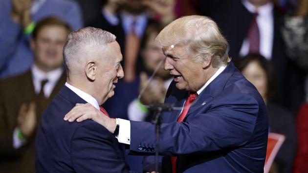 President-elect Donald Trump introduces retired Marine Corps general James Mattis as his appointed secretary of defense while speaking to supporters during a rally in Fayetteville, N.C on Dec 6. (AP Photo) President-elect Donald Trump introduces retired Marine Corps general James Mattis as his appointed secretary of defense while speaking to supporters during a rally in Fayetteville, N.C on Dec 6. (AP Photo)