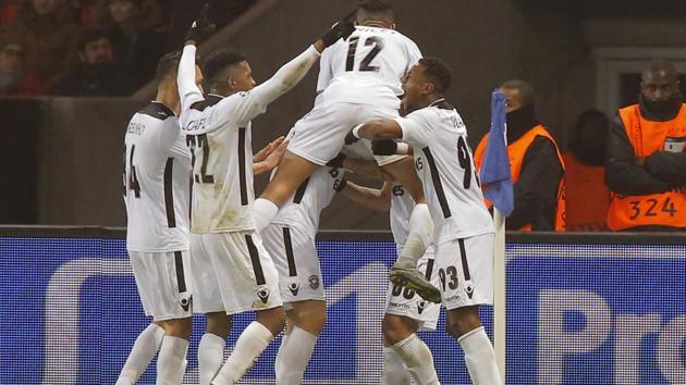 ILudogorets players celebrate Wanderson's goal during their Champions League Group A match against Paris Saint-Germain at the Parc des Princes stadium. In a surprise result, Ludgorets held PSG to a 2-2 draw, which meant the French side advanced to the next stage as runners-up to Arsenal in Group A. (AP) ILudogorets players celebrate Wanderson's goal during their Champions League Group A match against Paris Saint-Germain at the Parc des Princes stadium. In a surprise result, Ludgorets held PSG to a 2-2 draw, which meant the French side advanced to the next stage as runners-up to Arsenal in Group A. (AP)