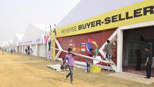 Work in progress for the Punjab International Trade Expo or PITEX that kicks off from December 8 at Ranjit Avenue, Amritsar. (Sameer Sehgal/HT)
