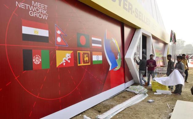 Work in progress for the Punjab International Trade Expo or PITEX that kicks off from December 8 at Ranjit Avenue, Amritsar. (Sameer Sehgal/HT)
