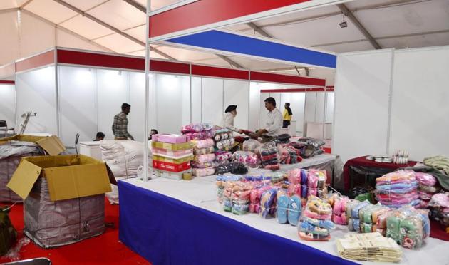 Work in progress for the Punjab International Trade Expo or PITEX that kicks off from December 8 at Ranjit Avenue, Amritsar. (Sameer Sehgal/HT)