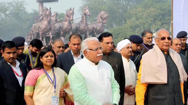 From right: Haryana governor Kaptan Singh Solanki and CM Manohar Lal Khatta at the Gita Mahotsav in Kurukshetra on Tuesday. (PTI) From right: Haryana governor Kaptan Singh Solanki and CM Manohar Lal Khatta at the Gita Mahotsav in Kurukshetra on Tuesday. (PTI)