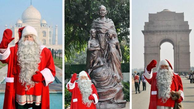 Santa Claus poses in front of Taj Mahal, Gandhi Smriti and India Gate respectively. (PTI) Santa Claus poses in front of Taj Mahal, Gandhi Smriti and India Gate respectively. (PTI)