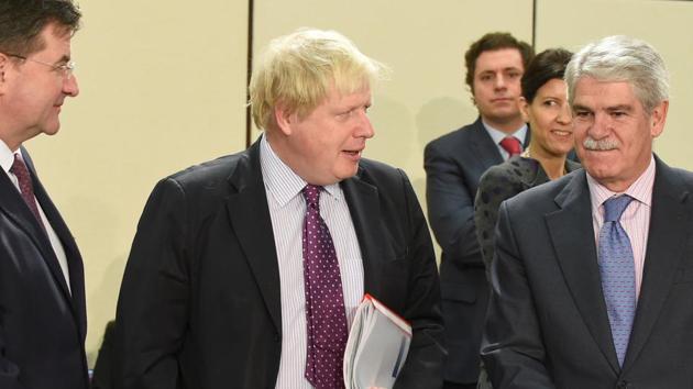 File photo of British foreign secretary Boris Johnson with Slovakian foreign minister Miroslav Lajcak and Spanish foreign minister Alfonso Dastis Quecedo at the NATO headquarters in Brussels on December 7, 2016. (AFP) File photo of British foreign secretary Boris Johnson with Slovakian foreign minister Miroslav Lajcak and Spanish foreign minister Alfonso Dastis Quecedo at the NATO headquarters in Brussels on December 7, 2016. (AFP)