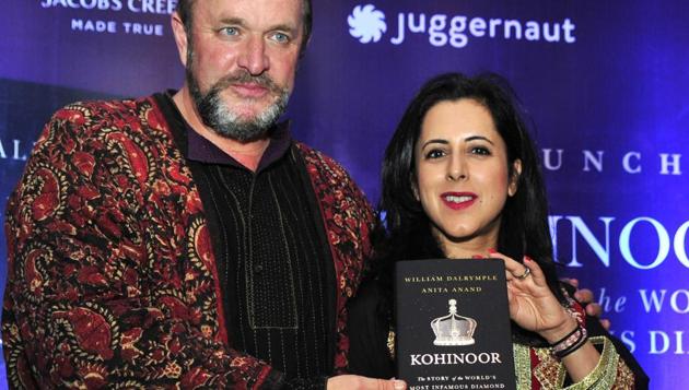 William Dalrymple and Anita Anand with their book ‘Kohinoor: The Story of the Most Infamous Diamond’ at its launch in Chandigarh on Thursday. (Ravi Kumar/HT)