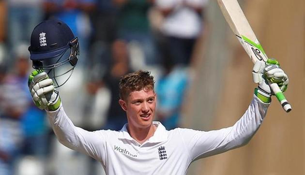 England's Keaton Jennings celebrates his century against India in Mumbai.(REUTERS)