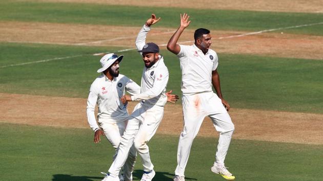 Ravichandran Ashwin , India skipper Virat Kohli and KL Rahul celebrate Keaton Jennings’s dismissal on Thursday. (BCCI) Ravichandran Ashwin , India skipper Virat Kohli and KL Rahul celebrate Keaton Jennings’s dismissal on Thursday. (BCCI)
