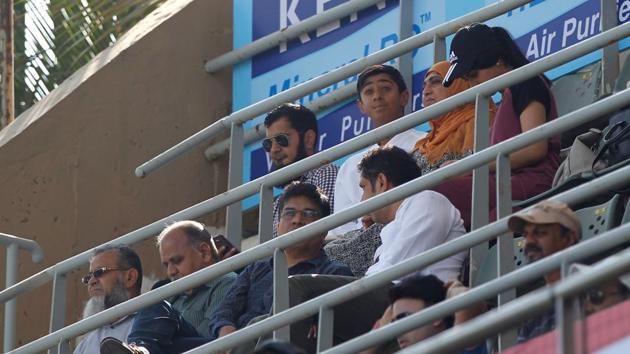 Haseeb Hameed  watched the day’s proceedings with his family. Hameed, who was replaced by Jennings after he got injured, was seen applauding the debutant’s ton. (BCCI) 