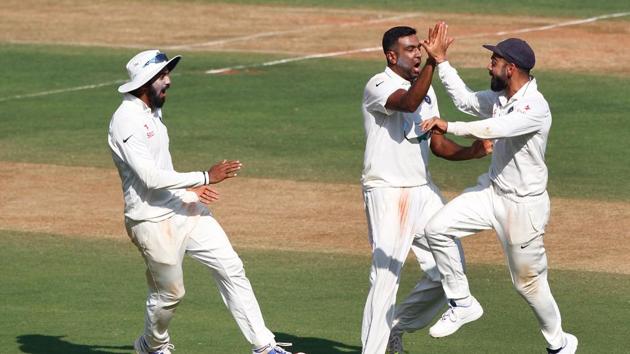 KL Rahul, Ravichandran Ashwin and skipper Virat Kohli celebrate the fall of Jonny Bairstow’s wicket on Thursday. (BCCI)