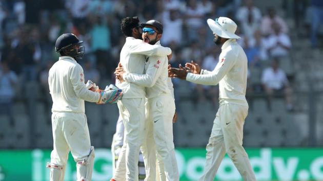 Ravindra Jadeja celebrates the wicket of Alastair Cook with India skipper Virat Kohli . (BCCI)