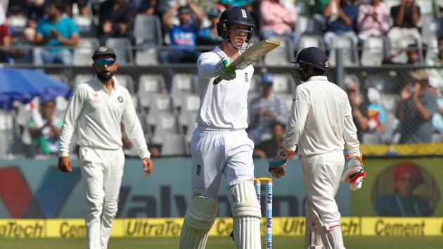 Keaton Jennings celebrates his maiden Test fifty in the opening session. (BCCI)