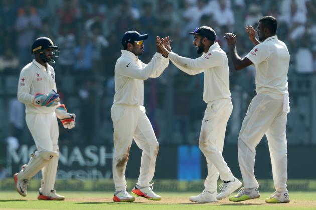 Ravichandran Ashwin turns it around for India. Here he celebrates the fall of Moeen Ali, who skied a sweep shot to Karun Nair. (bcci) 