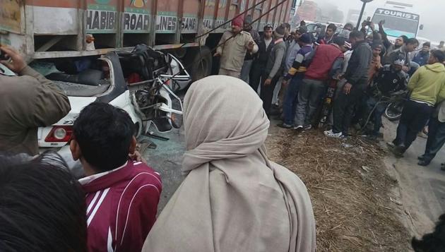 Four people of a family were killed on Friday morning when the Honda City car they were travelling in rammed into a stationary truck near Nizampur bypass in Hapur. Four people of a family were killed on Friday morning when the Honda City car they were travelling in rammed into a stationary truck near Nizampur bypass in Hapur.