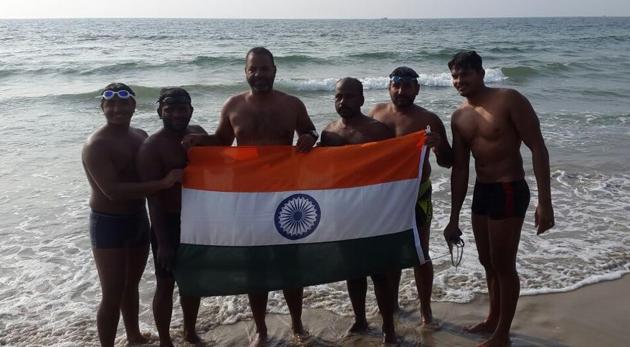 The Sea Hawks, a team of six swimmers, completed an unprecedented expedition by swimming 1,031 kilometres from the Gateway of India to Mangalore. (HT) The Sea Hawks, a team of six swimmers, completed an unprecedented expedition by swimming 1,031 kilometres from the Gateway of India to Mangalore. (HT)