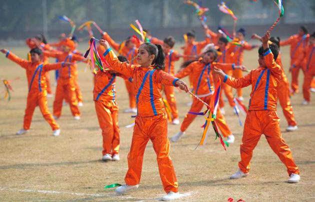 Kids performing at a school function in Sector 46, Chandigarh, on Friday, December 9. (HT Photo)