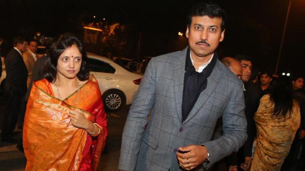 Olympian turned politician and Union minister Rajyavardhan Singh Rathore with wife Gayathri Rathore. (Manoj Verma/HT Photo) 
