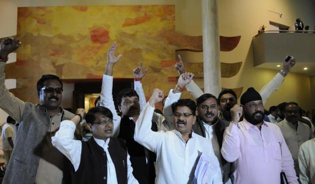 Acting leader of Opposition Bala Bachchan along with other Congress MLAs staging a protest at the state assembly in Bhopal on Thursday. (Mujeeb Faruqui/HT photo) Acting leader of Opposition Bala Bachchan along with other Congress MLAs staging a protest at the state assembly in Bhopal on Thursday. (Mujeeb Faruqui/HT photo)