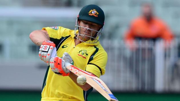 David Warner cut loose after reaching his century against New Zealand in the third Chappell-Hadlee series ODI at the MCG in Melbourne on Friday. He went on to score 156 and help push the Aussie score to 264/8 in 50 overs.(AFP)