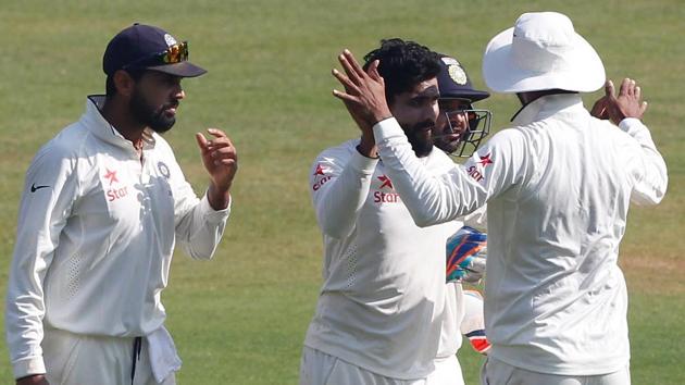 Ravindra Jadeja of India celebrates the wicket of Chris Woakes of England. (BCCI/ SPORTZPICS) Ravindra Jadeja of India celebrates the wicket of Chris Woakes of England. (BCCI/ SPORTZPICS)