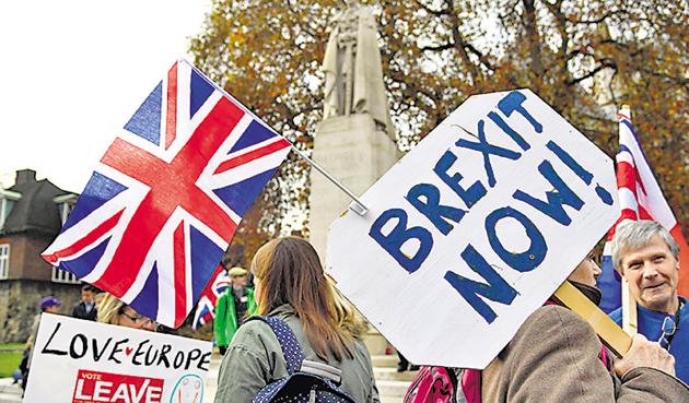 Demonstrators supporting Brexit protest outside of the Houses of Parliament in London . At first glance, the election of Trump, Europe’s problems and UK’s vote for Brexit represent a shift against immigration, globalisation and liberal ideals. The wider picture, however, looks a bit different.(REUTERS)