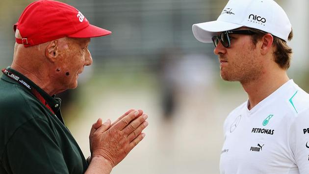 Lauda talks and Nico Rosberg of Mercedes F1 team in the paddock during the Bahrain Formula One Grand Prix. (Getty Images) Lauda talks and Nico Rosberg of Mercedes F1 team in the paddock during the Bahrain Formula One Grand Prix. (Getty Images)