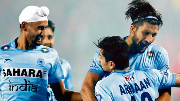Indian player celebrate after scoring against England in their Hockey Junior World Cup Pool D match in Lucknow on Saturday. India beat England 5-3 (Hockey India) Indian player celebrate after scoring against England in their Hockey Junior World Cup Pool D match in Lucknow on Saturday. India beat England 5-3 (Hockey India)