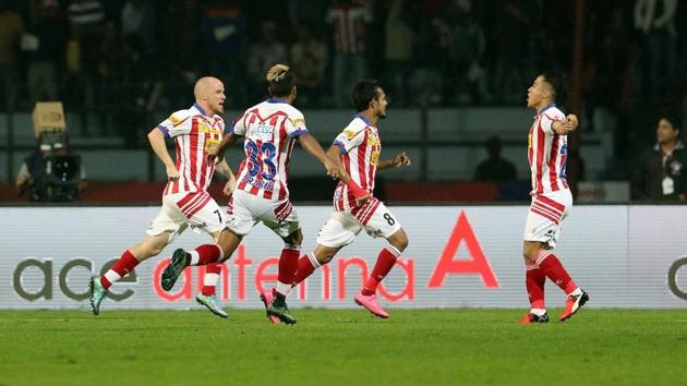 Atletico de Kolkata players celebrate after scoring against Mumbai City FC in ISL semifinals. (Photo: ISL) Atletico de Kolkata players celebrate after scoring against Mumbai City FC in ISL semifinals. (Photo: ISL)