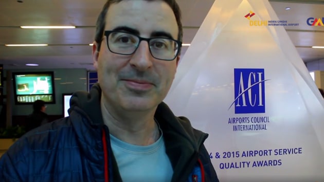 A screenshot of the video posted by Delhi Airport on Facebook showing John Oliver, host of HBO’s late night talk show ‘Last Week Tonight’.(Facebook/ Delhi Airport)