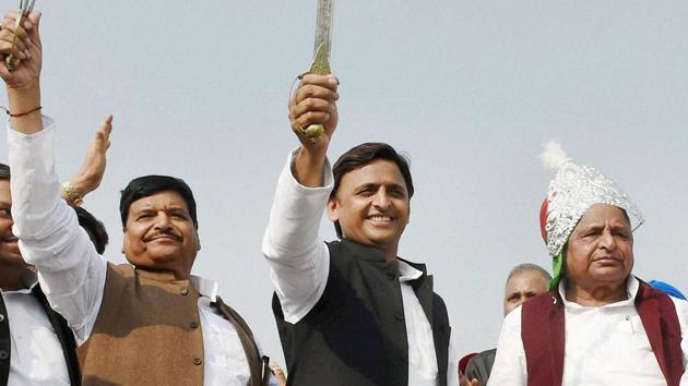 Samajwadi Party supremo Mulayam Singh Yadav with UP chief minister Akhilesh Yadav and party state chief Shivpal Singh Yadav at a function in Unnao. (PTI file photo) Samajwadi Party supremo Mulayam Singh Yadav with UP chief minister Akhilesh Yadav and party state chief Shivpal Singh Yadav at a function in Unnao. (PTI file photo)