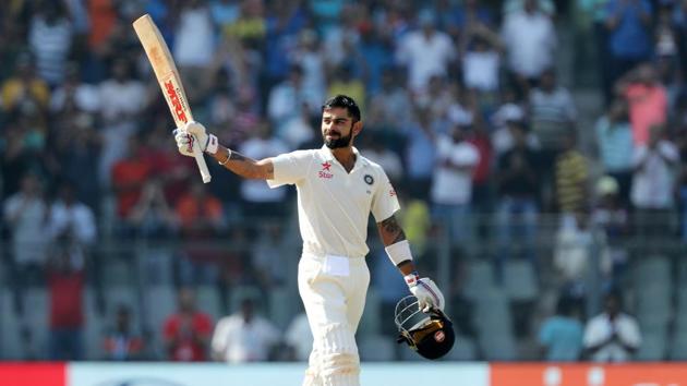 India skipper Virat Kohli celebrates after completing his double century against England on Sunday.(BCCI)