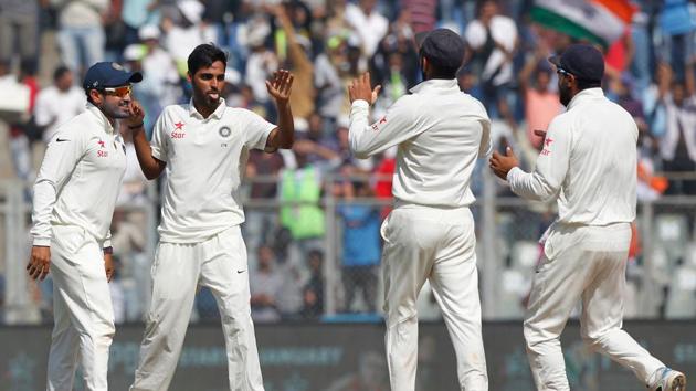 Bhuvneshwar Kumar struck in the first over when he removed Keaton Jennings, England’s first innings centurion for 0. (BCCI) 
