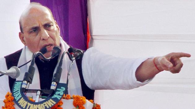 Rajnath Singh at a function to honour the families of martyrs of security forces at Kathua, Jammu on Sunday.(PTI)
