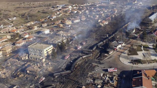 An aerial view shows the wreckage of a train transporting gas after it derailed and exploded in the northeastern Bulgarian village of Hitrino on December 10, 2016. At least seven people died and 27 were injured in the blast, emergency services said. Around 20 homes were smashed and many of the residents of the village of some 800 people were evacuated. (AFP Photo) An aerial view shows the wreckage of a train transporting gas after it derailed and exploded in the northeastern Bulgarian village of Hitrino on December 10, 2016. At least seven people died and 27 were injured in the blast, emergency services said. Around 20 homes were smashed and many of the residents of the village of some 800 people were evacuated. (AFP Photo)